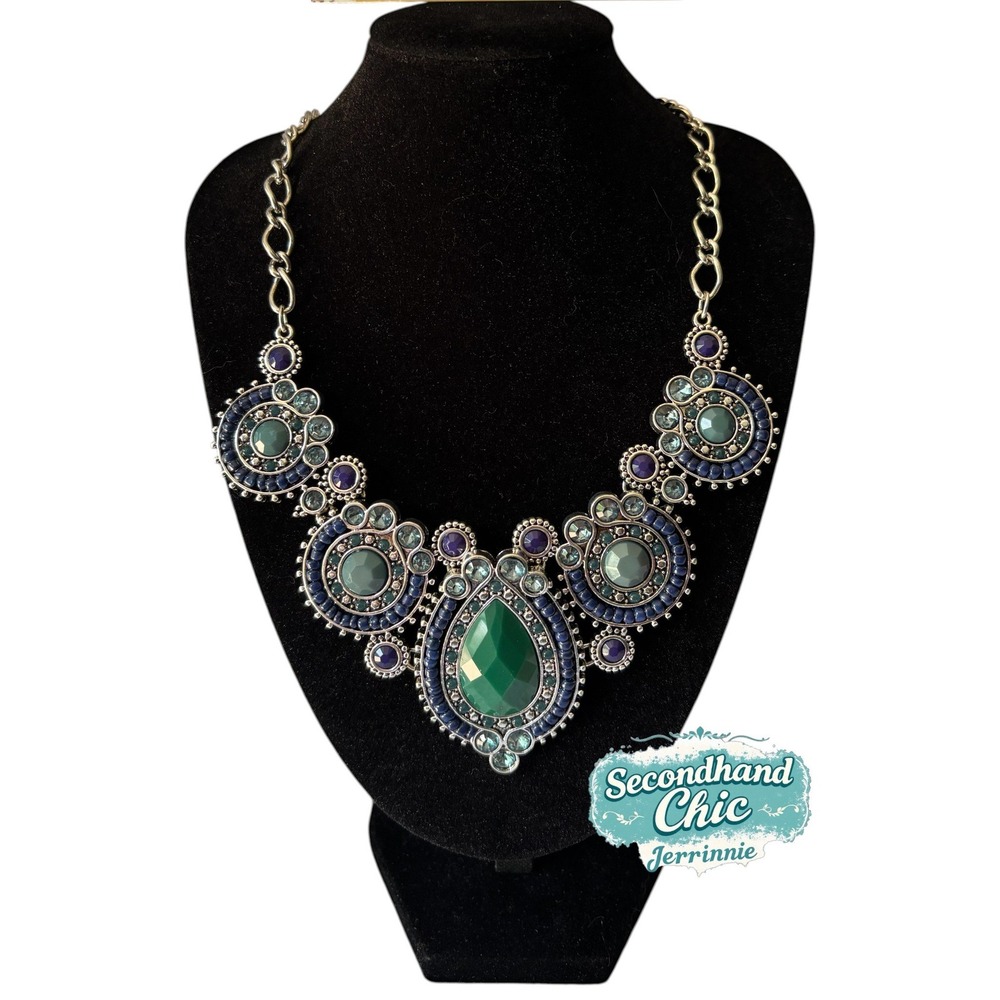 Premier Designs Victoria Statement Necklace - Green Blue Crystals Silver Tone